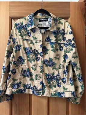 Sag Harbor Beige Floral Jean Jacket with Blue & Green Accents